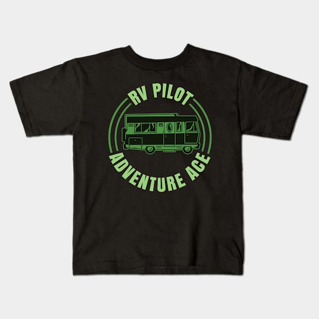RV Pilot Adventure Ace, Retro Vintage Recreational Camper Vehicle Kids T-Shirt by CharJens